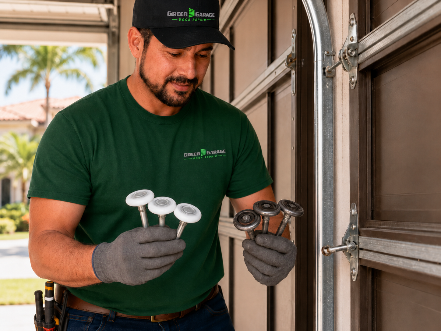 Green Garage Door Repair technician holding new white sealed-bearing nylon rollers next to old worn steel rollers in a South Florida garage