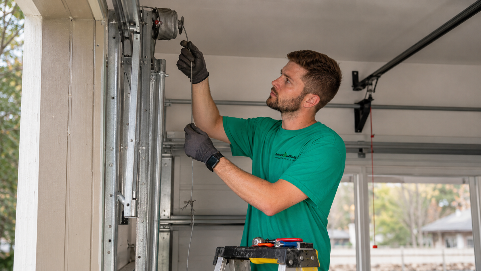 Green Garage Door Repair technician replacing a frayed garage door lift cable on a residential door in South Florida