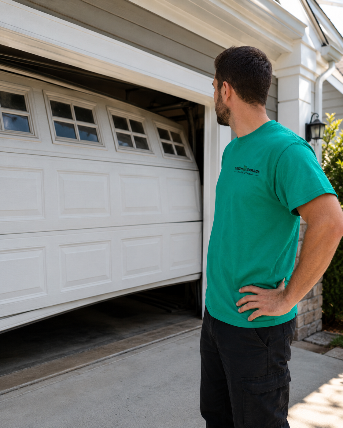 Green Garage Door Repair technician repairing an off-track residential garage door