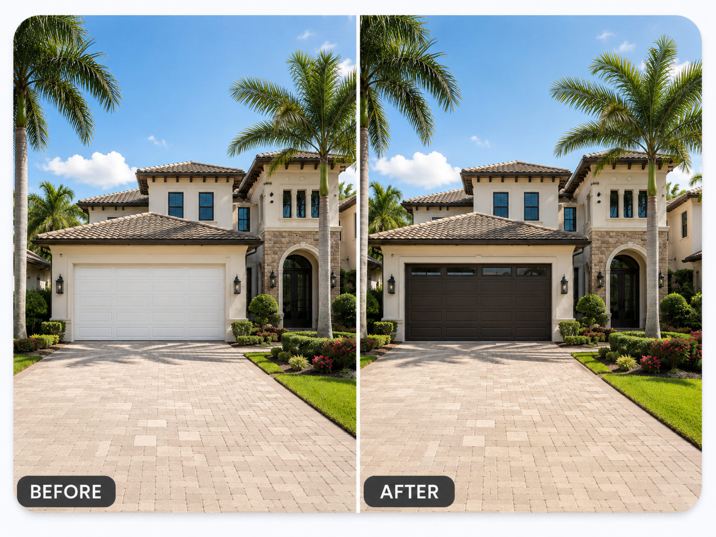 Before and after AI mockup showing a West Palm Beach home with an old garage door and the same home with a new hurricane-rated door
