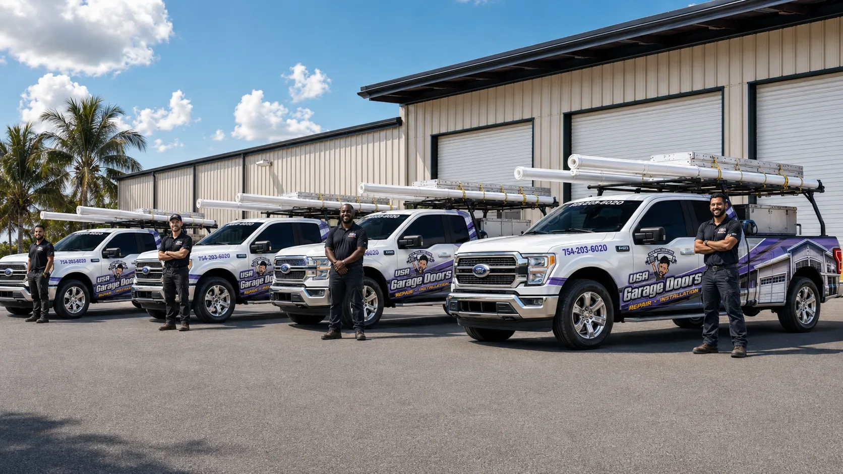 Green Garage Door Repair fleet of service trucks serving Delray Beach and Palm Beach County