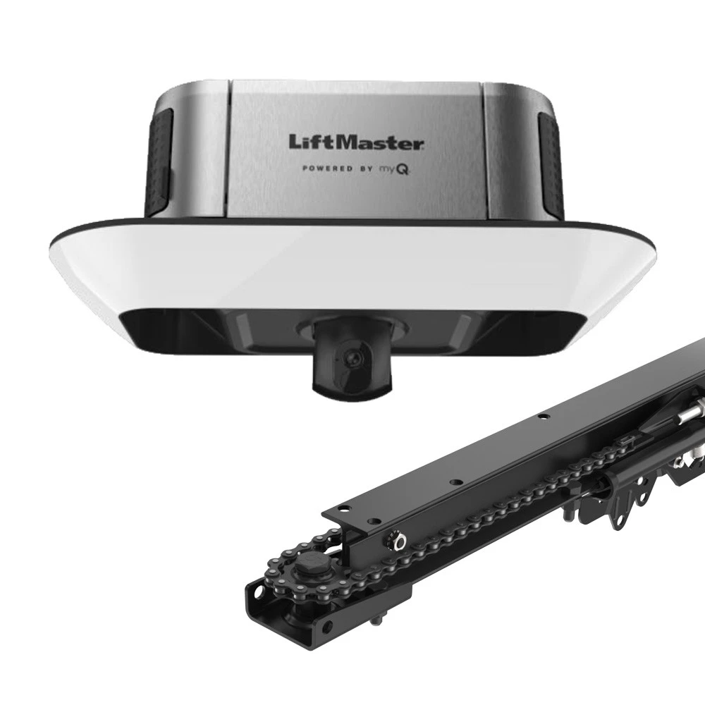 Chain-drive garage door opener mounted on a residential garage ceiling